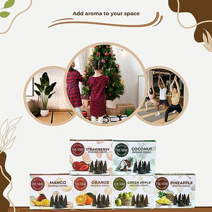 Trumiri Fruity Incense Cones - Variety Pack - Total 60 Cone Incense (6 Scents x 10 Conos) - Strawberry, Coconut, Pineapple, Apple, Mango, Orange - Cone Incense Scents - Insense Cones - Incent Cone - color: Fruity