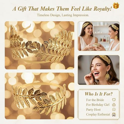 5 Pcs Greek Goddess Costume Accessories Set for Women, Gold Laurel Leaf Crown Headband, Adjustable Leaf Arm Cuffs & Dangle Earrings, Roman Toga Party Costume Set for Bridal Wedding Halloween Cosplay - style: Classic