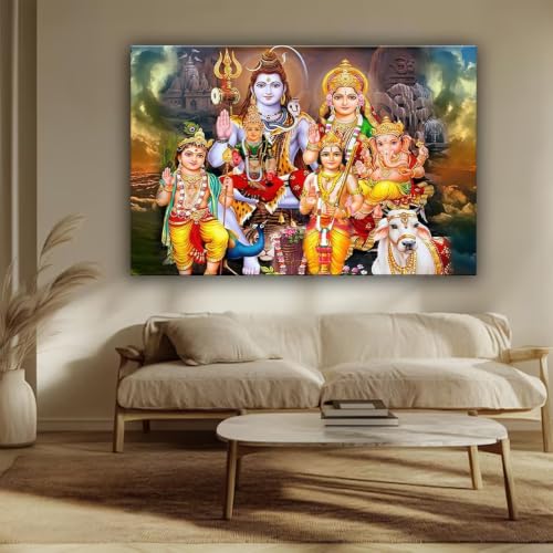 Shiva Family Canvas Wall Art Hindu Deity Poster (Framed,28x40 inch) - size: 28x40 inch
