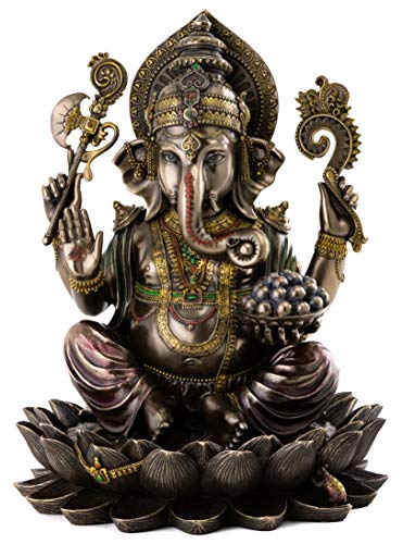 Top Collection Ganesh on Lotus Pedestal Statue - Ganesha Lord of Success and Destroyer of Evil Sculpture in Premium Cold Cast Bronze - 12-Inch Collectible Hindu Elephant Figurine