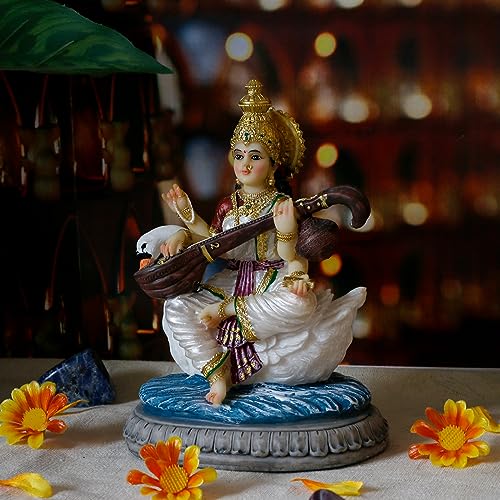 alikiki Indian Gifts Item Saraswati Statue - 5.5”H Saraswati Puja Diwali Gifts Pooja Vasant Panchami Home Office Temple Mandir Altar Yoga Studio Meditation Room Decor India Wedding Housewarming Gifts