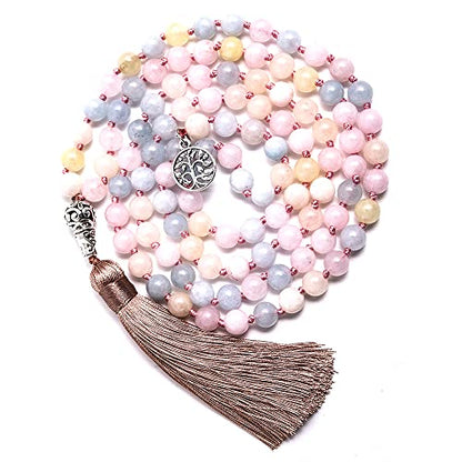 108 Mala Prayer Beads Necklace Natural Stones Meditation Yoga Jewery 108 Hand Knotted Japa Mala Beaded Long Tassel Necklace with Tree of Life Pendant for Men and Women - color: 8mm morganite