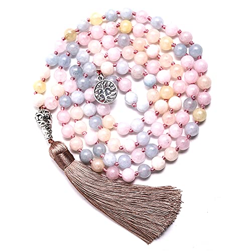 108 Mala Prayer Beads Necklace Natural Stones Meditation Yoga Jewery 108 Hand Knotted Japa Mala Beaded Long Tassel Necklace with Tree of Life Pendant for Men and Women - color: 8mm morganite