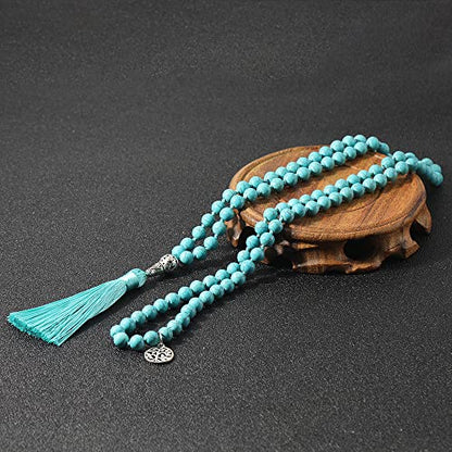 108 Mala Prayer Beads Necklace Natural Stones Meditation Yoga Jewery 108 Hand Knotted Japa Mala Beaded Long Tassel Necklace with Tree of Life Pendant for Men and Women - color: 8mm blue turquoise