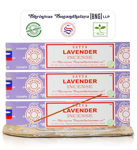 Satya Lavender Incense Sticks, Satya Bng (Bangalore) Insenses 15gmx3 Pack (45 GMS) with Raajsee Incense Holder Bundle, Satya Nagchampa Natural Incense - color: Lavender