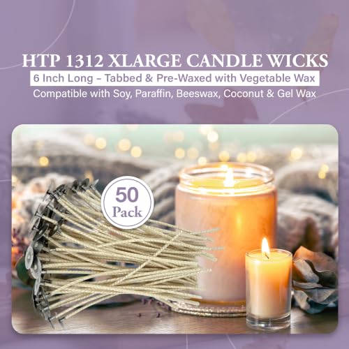HTP 1312 6 Inch Candle Wicks, 50 Count Pre-Waxed Pre-Tabbed - size: 50 HTP - 1312