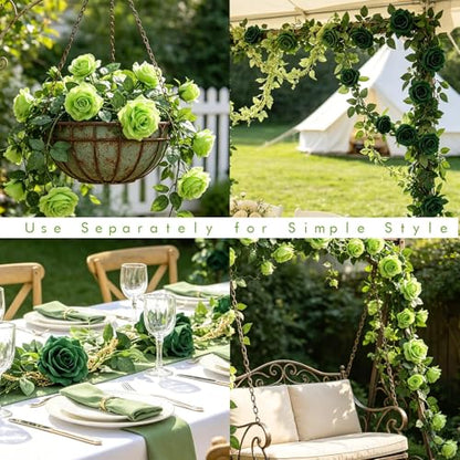 GREENTIME 2Pack 6.5FT Mixed Green Artificial Flower Garland Fake Rose Vines - color: Light Emerald Green
