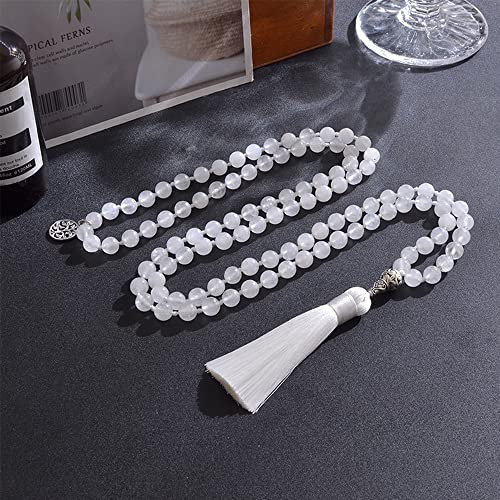 108 Mala Prayer Beads Necklace Natural Stones Meditation Yoga Jewery 108 Hand Knotted Japa Mala Beaded Long Tassel Necklace with Tree of Life Pendant for Men and Women - color: 8mm White Transparent Marble