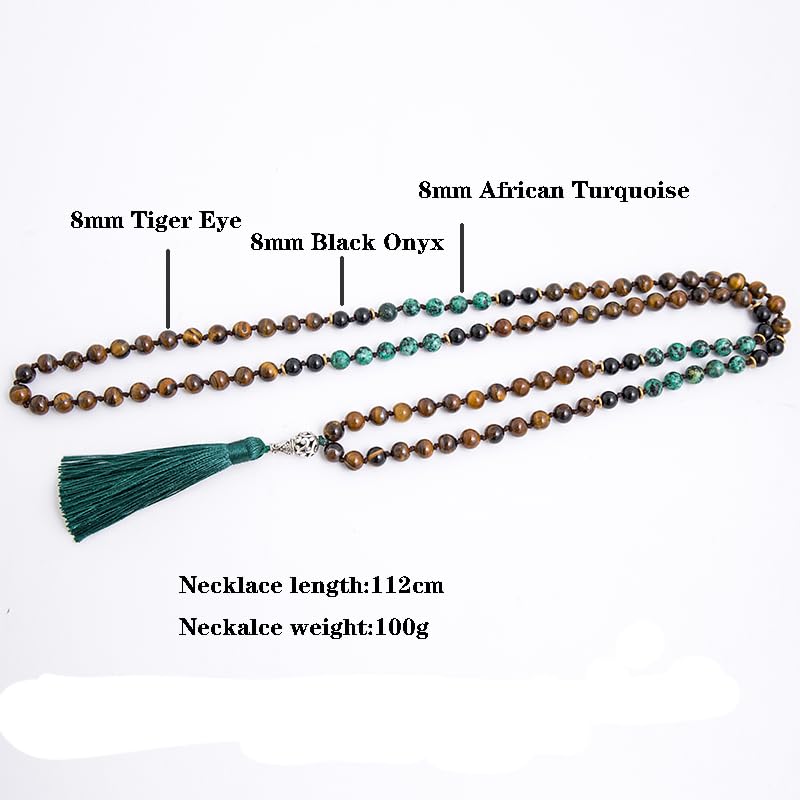 108 Mala Prayer Beads Necklace Natural Stones Meditation Yoga Jewery 108 Hand Knotted Japa Mala Beaded Long Tassel Necklace with Tree of Life Pendant for Men and Women - color: Yellow Tiger Eye+Black Onyx+African Turquoise+
