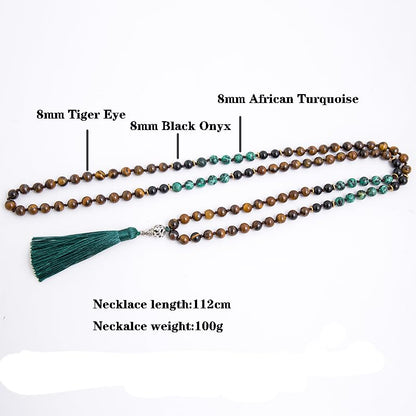 108 Mala Prayer Beads Necklace Natural Stones Meditation Yoga Jewery 108 Hand Knotted Japa Mala Beaded Long Tassel Necklace with Tree of Life Pendant for Men and Women - color: Yellow Tiger Eye+Black Onyx+African Turquoise+