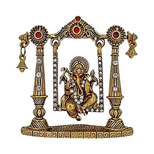Ganesh Ji, Ganesha, Shidhi Vinayak Ji Golden Idol on Jhula Statue for Car Dashboard | Mandir Pooja Murti | Temple Puja | Home Decor | Office Table Showpiece
