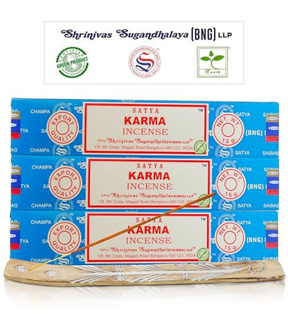 Satya Karma Incense Sticks, Satya Bng (Bangalore) Insenses 15gmx3 Pack with Raajsee Incense Holder Bundle, Satya Nagchampa Natural Incense - color: Karma
