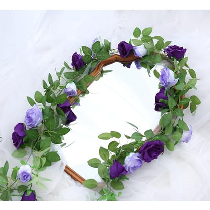GREENTIME 2Pack Mixed Purple Flower Garland Each 6.5FT Fake Rose Garland - color: Light Dark Purple