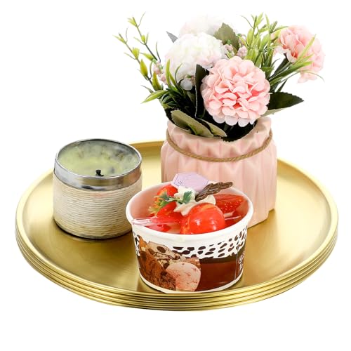 4 Pcs Gold Tray, Round Gold Tray Decorative Serving Jewelry Bar Jewelry Dish Key Bowl Mirror Dresser Decoration Vanity Trays Makeup Organizer for Bathroom Candle Perfume Countertop (9 Inch)
