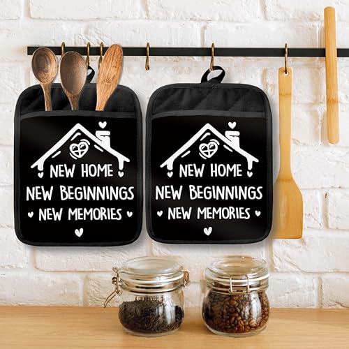Housewarming Gifts Pot Holders with Pockets, New Homeowner Gifts, New Home Beginnings Memories Oven Pot Holders Heat Resistant Oven Mitts Hot Pads for Kitchen Baking Cooking - color: Black Sweet Home-c