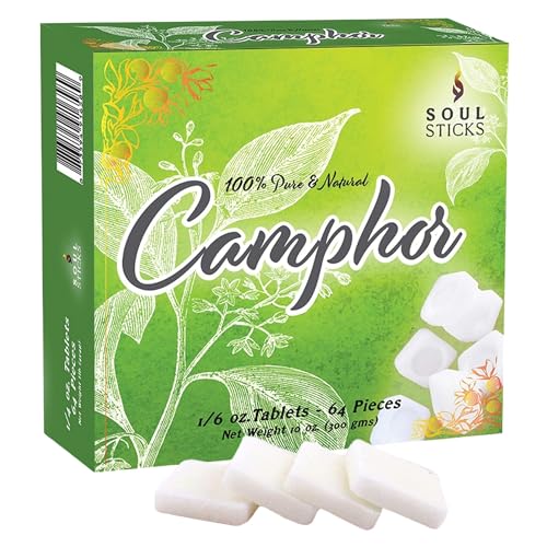 SOUL STICKS Natural Camphor Blocks,Pure Camphor Tablets for Aromatherapy & Puja - Alcanfor en Bloques, Alcanfor en Bolitas, Kapoor for Pooja (300 Grams (64 Tablets)) - size: 300 Grams (64 Tablets)