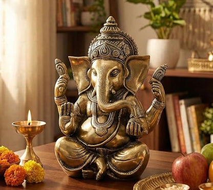 eSplanade 8" Brass Ganesha in Antique Finish | Pooja Puja Ganesh Ganesha Ganpati Ganapati Murti Idol (8" Ganesh Big)