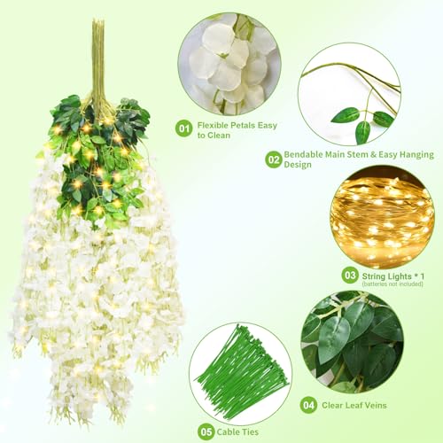 Wisteria Hanging Flowers with Lights, 12 Pcs Artificial Wisteria Garland - color: White With Lights, size: 12 Pack