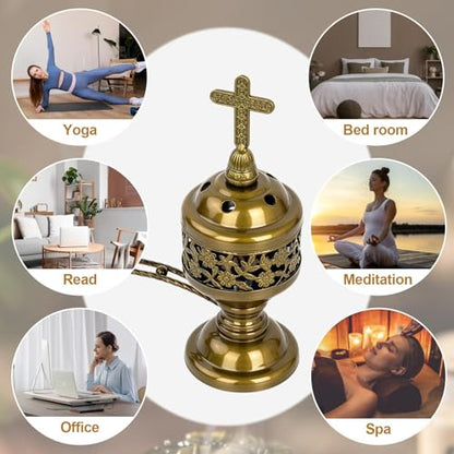 1 PCS Catholic Church Incense Holder with Cross Lid, Home&Altar Incense Burner, Charcoal Censer Incense Burner, Unique Meditation Gift, Frankincense Resin Bakhoor Burner (Bronze)