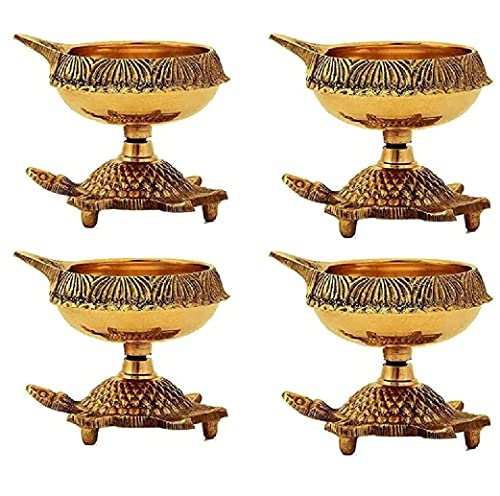SATVIK 4 Pc Brass Kuber Turtle Diya Set | Traditional Handmade Golden Engraved Virgin Brass Oil Lamp for Puja, Pooja Room, Mandir & Temple | Reusable Diya for Daily Prayer, Diya Vilakku & Home Decor - size: Pack of 4