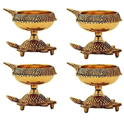 SATVIK 4 Pc Brass Kuber Turtle Diya Set | Traditional Handmade Golden Engraved Virgin Brass Oil Lamp for Puja, Pooja Room, Mandir & Temple | Reusable Diya for Daily Prayer, Diya Vilakku & Home Decor - size: Pack of 4