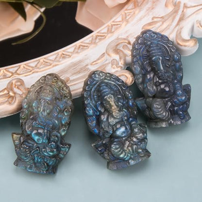 ZORZA 1Pcs Natural Labradorite Crystal Ganesha Statue Divine Hindu Ganesha Statue as Conscious Items for Meditation, Altar Kit Decoration for Yoga Room,Small Ganesh for Car Dashboard