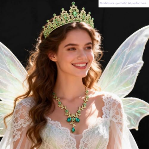 Kamirola Tiaras and Crowns for Women,Tiaras Earrings Necklace, Crystal Bridal Jewelry Set, Costume Party Halloween Prom Pageant Jewelry for Women(TR45) - color: Green