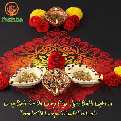NAISHA Handmade Long Cotton Wicks (600 Pcs), 3-Inch Long Batti for Oil Lamp, Diya, Deepak and Jyot, Twisted Cotton Wicks for Temple, Home Mandir, Diwali Lighting and Festivals