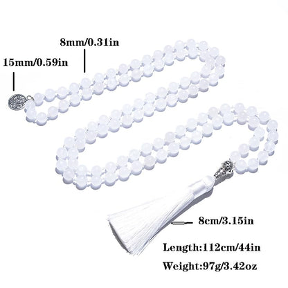108 Mala Prayer Beads Necklace Natural Stones Meditation Yoga Jewery 108 Hand Knotted Japa Mala Beaded Long Tassel Necklace with Tree of Life Pendant for Men and Women - color: 8mm White Transparent Marble