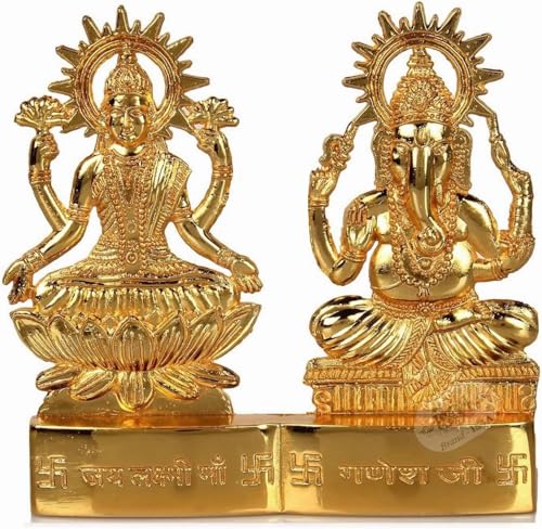 IS4A Lakshmi Ganesh Gold Plated Energized Idol Statue Figurine Wedding Festival Anniversary Diwali Puja Spiritual Gift 4 Inch