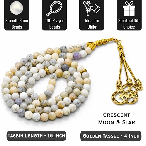 Amazing Gemstone Crystal Tasbeeh with Moon and Star Charm - Certified Crystal Muslim Prayer Beads Natural Gemstone Tasbih Gift for Ramadan Dhikr and Daily Namaz (G) - color: Dendrite Opal
