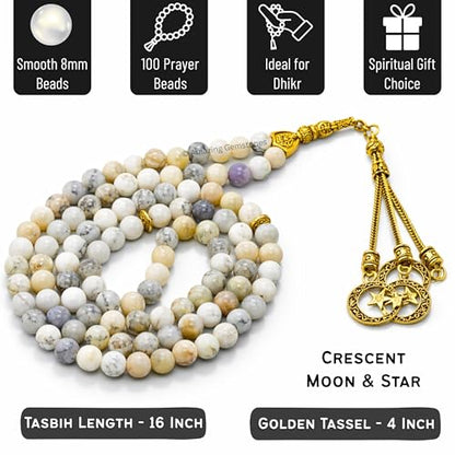 Amazing Gemstone Crystal Tasbeeh with Moon and Star Charm - Certified Crystal Muslim Prayer Beads Natural Gemstone Tasbih Gift for Ramadan Dhikr and Daily Namaz (G) - color: Dendrite Opal