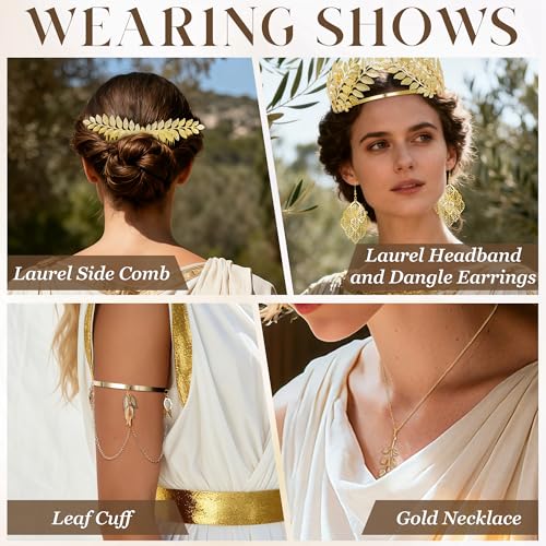 NICEIGHT 7Pcs Greek Goddess Costume Accessories for Women Gold Greek Leaf Crown Upper Arm Cuff Artificial Leaf Drop Earrings Necklace Golden Laurel Leaf Bridal Hair Comb for Wedding Cosplay Party - color: Gold-A