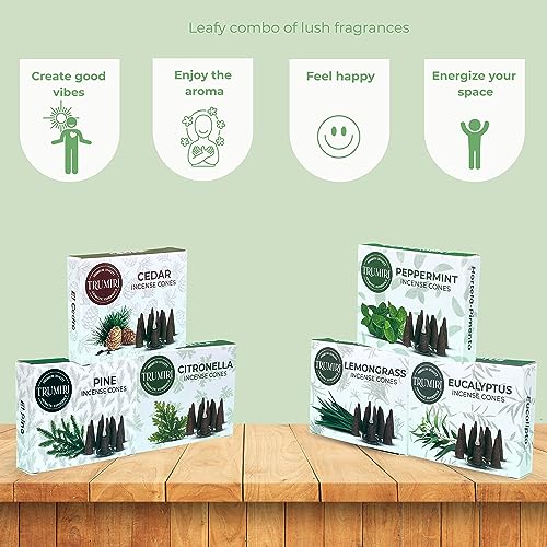 TRUMIRI Leafy Incense Cones - Variety Pack - Total 60 Cone Incense (6 Scents x 10 Conos) - Citronella Lemongrass Eucalyptus Peppermint Cedar Pine - Cone Incense Scents - Insense Cones - Incent Cone - color: Leafy
