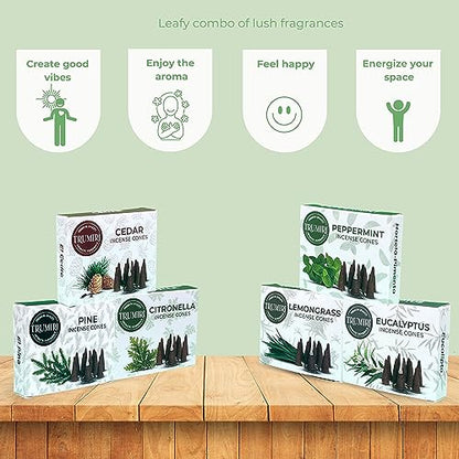 TRUMIRI Leafy Incense Cones - Variety Pack - Total 60 Cone Incense (6 Scents x 10 Conos) - Citronella Lemongrass Eucalyptus Peppermint Cedar Pine - Cone Incense Scents - Insense Cones - Incent Cone - color: Leafy