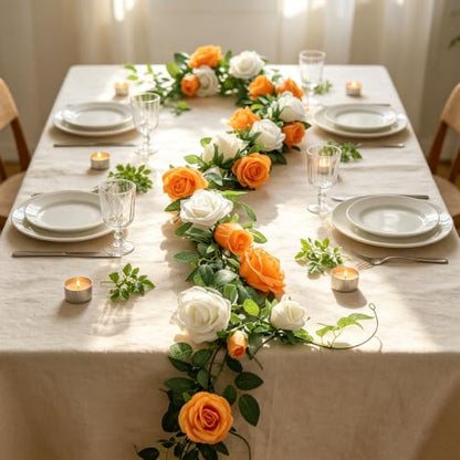 GREENTIME 2Pack Orange White Flower Garland Each 6.5FT Fake Rose Garland - color: Orange White