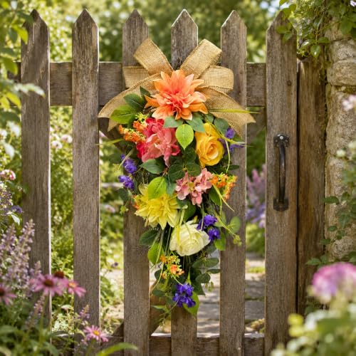 Svndlyn Lighted Spring Summer Floral Teardrop Swag with Burlap Bow, Dahlia
