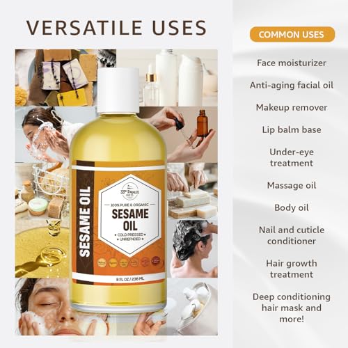 ORGANIC SESAME OIL (16 oz) Premium Cold Pressed Unrefined | 100% Pure Sesame Oil for Skin, Face, Hair, Soap Making | Carrier for Essential Oils | Available in Bulk | 16 FL OZ