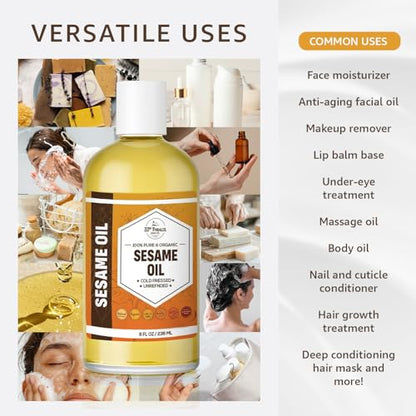 ORGANIC SESAME OIL (16 oz) Premium Cold Pressed Unrefined | 100% Pure Sesame Oil for Skin, Face, Hair, Soap Making | Carrier for Essential Oils | Available in Bulk | 16 FL OZ