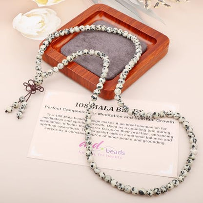 AD Beads 6mm 8mm 108 Prayer Mala Jasper Elastic Bracelet - Handmade Yoga Meditation Healing Power Energy Gifts for Unisex Adult. - color: Dalmatian Jasper (Positivity)