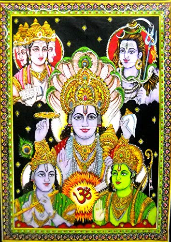 Panchdev : Lord Vishnu, Shiva, Brahma, Krishna, Rama Wall Painting religious yoga : Size 43"x30" Inches - color: Panchdev