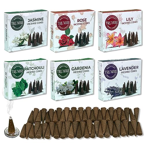 Trumiri Floral Incense Cones - Variety Pack - Total 60 Cone Incense (6 Scents x 10 Conos) - Rose, Lavender, Jasmin, Patchouli, Gardenia, Lily - Cone Incense Scents - Insense Cones - Incent Cone - color: Floral