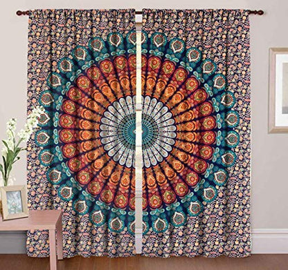 Popular Handicrafts Indian Hippie Bohemian Beautiful Peacock Mandala Curtain Panels Room Divider Blue - color: Blue Multicolor, size: 25"W x 74"L (Pack of 2)