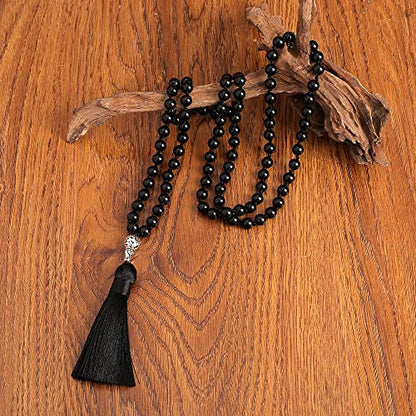108 Mala Prayer Beads Necklace Natural Stones Meditation Yoga Jewery 108 Hand Knotted Japa Mala Beaded Long Tassel Necklace with Tree of Life Pendant for Men and Women - color: 8mm Black Onyx