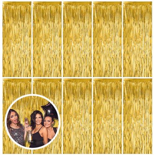10 Pack Gold Fringe Curtain Backdrop Tinsel Streamers Birthday Party Decorations Christmas Photo Booth Backdrop Halloween New Year Graduation Baby Shower Theme Party Decorations - color: Gold, size: 39.4"w X 78.7"l (Pack of 10)