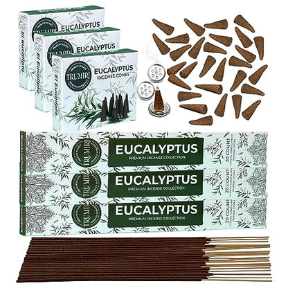 Eucalyptus Incense Sticks & Incense Cones Combo Pack - 60 Insence-Sticks + 30 Insence Cones - Inscense - Incense Cones Scented - Insents - color: Eucalyptus