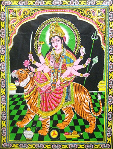 Goddess Durga/Sheran Wali Mata Batik Cotton Wall Hanging Painting : Size 43"x30" Inches - color: Durga