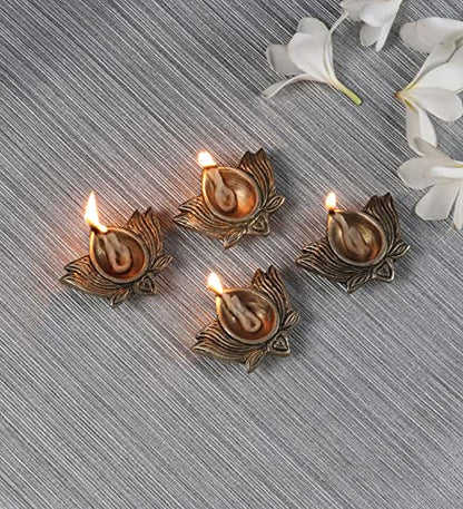 Two Moustaches Lotus Shaped Decor Brass Diya 2.5 Inches Set of 4, Material - Brass, Home Decoration Item Gift, Lotus Brass Diyas Oil Lamp Pooja, Housewarming Gifts (Set of 4), Antique White