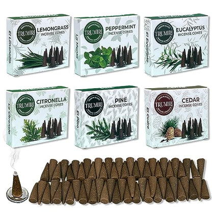 TRUMIRI Leafy Incense Cones - Variety Pack - Total 60 Cone Incense (6 Scents x 10 Conos) - Citronella Lemongrass Eucalyptus Peppermint Cedar Pine - Cone Incense Scents - Insense Cones - Incent Cone - color: Leafy