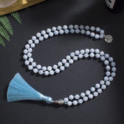 108 Mala Prayer Beads Necklace Natural Stones Meditation Yoga Jewery 108 Hand Knotted Japa Mala Beaded Long Tassel Necklace with Tree of Life Pendant for Men and Women - color: Aquamarine